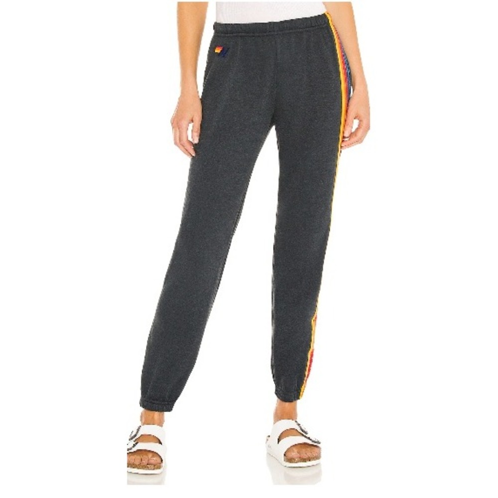 Aviator Nation Black Rainbow Stripe Sweatpants Joggers Logo Drawstring XS